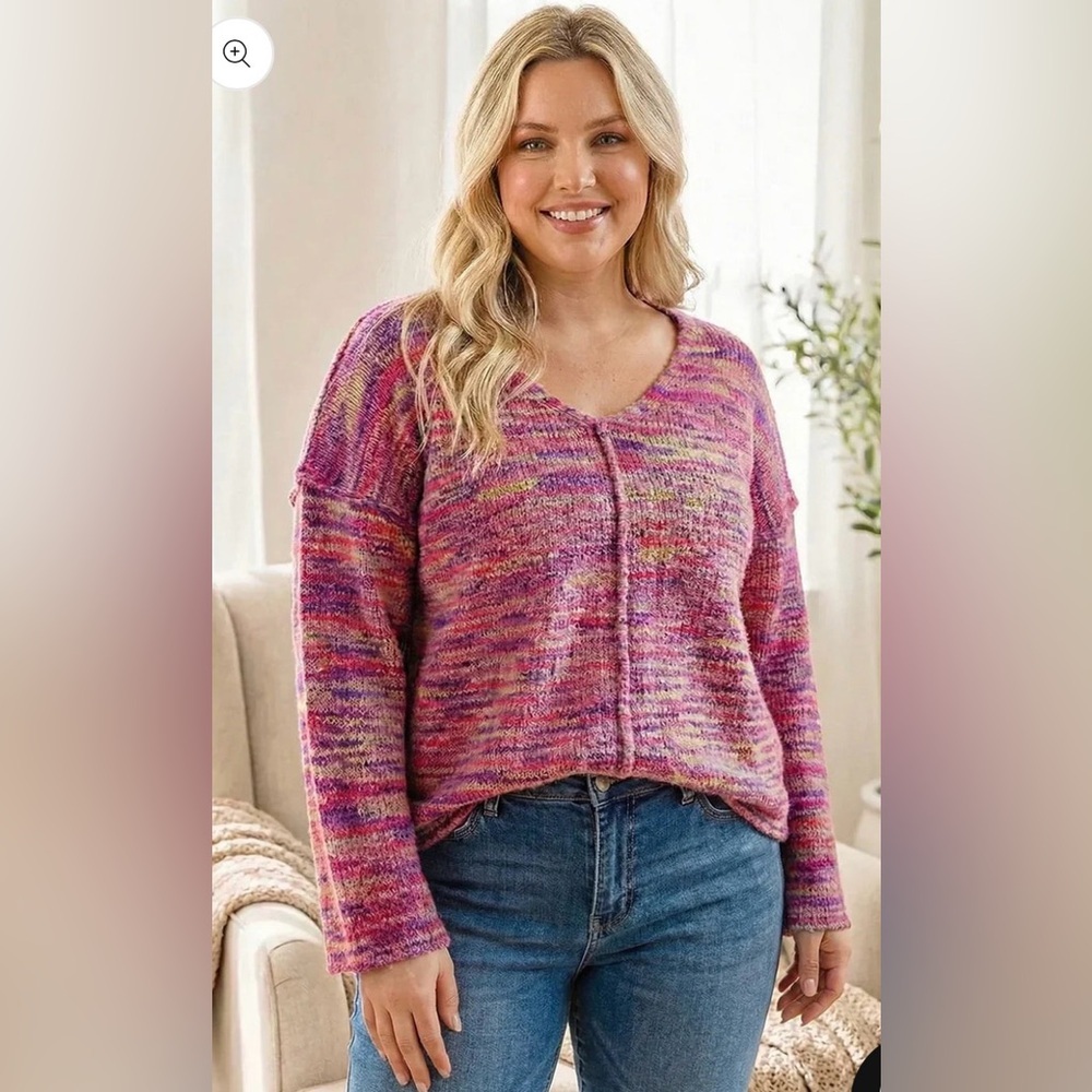 Plus Size Oversized Casual Multi-Color V-Neck Chunky Knit Sweater